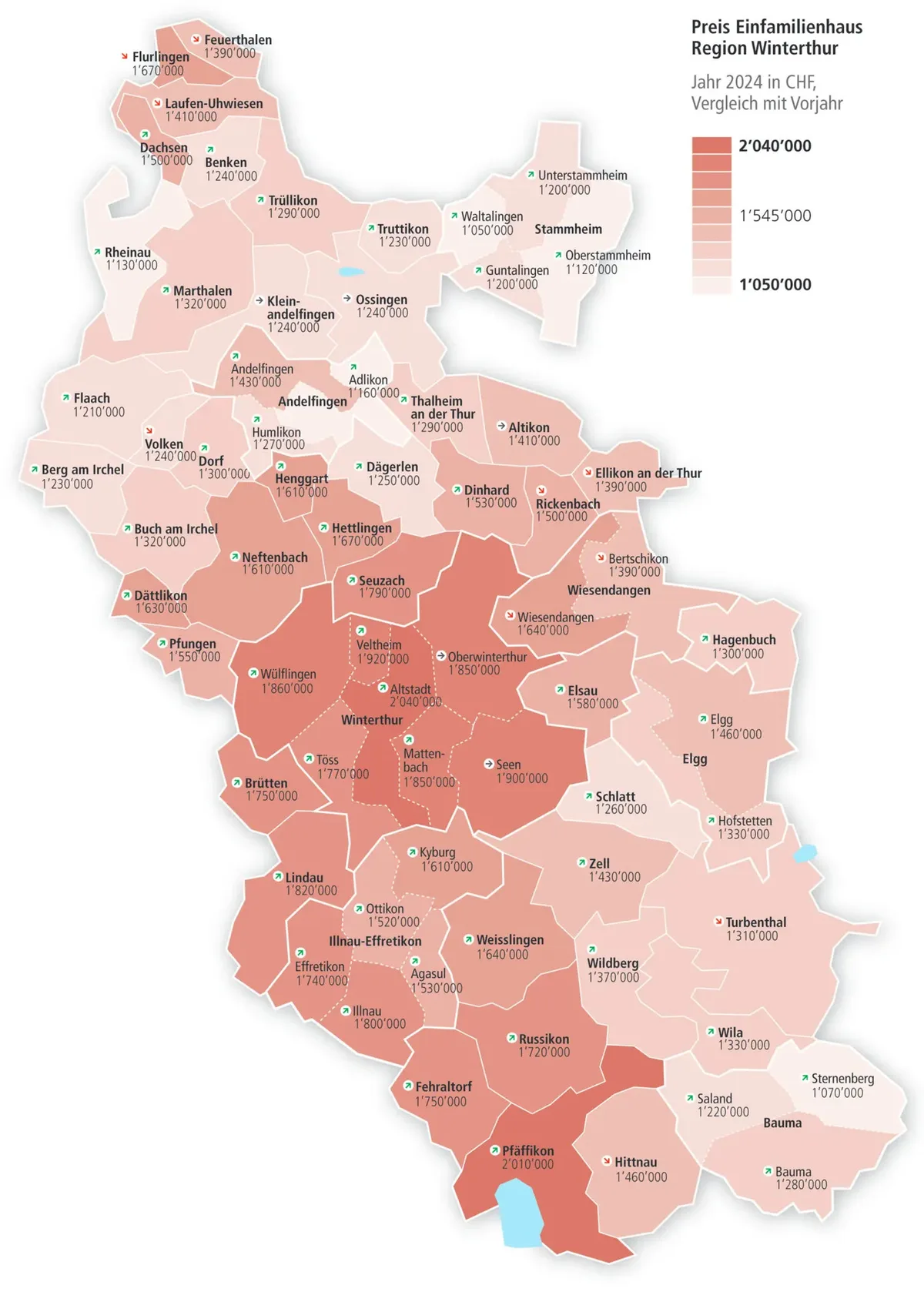 Eine Karte mit Marktpreisen von Einfamilienhäusern.